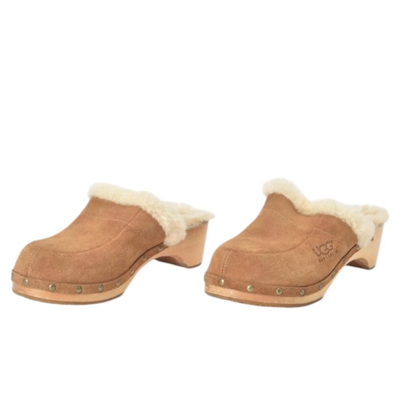 Uggs Sherpa Lined Kalie Suede Mule/Clog Platform With Wooden Heel - Picture 3 of 4